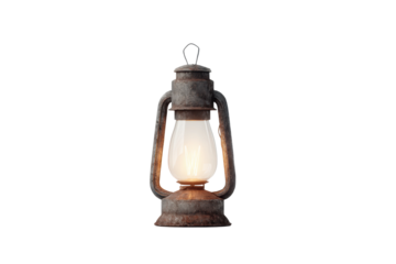 Rustic vintage lantern with glowing light and weathered metal design, cut out