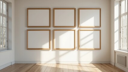 Fototapeta premium Minimalist Interior With Empty Wooden Frames Casting Shadows From Natural Light