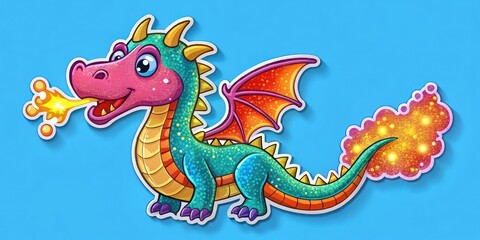 Obraz premium Colorful cartoon dragon sticker with sparkly scales and fiery breath on a bright blue background, cartoon characters, vibrant colors
