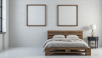 Modern Minimalist Bedroom Design with Wooden Pallet Bed and Two Empty Frames on White Wall