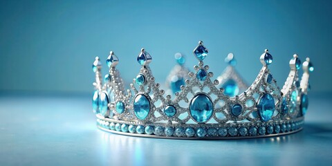 Regal royal crown adorned with precious blue diamonds on a light blue neutral background