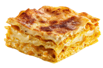 Golden baked lasagna slice with creamy layers of cheese and pasta, cut out