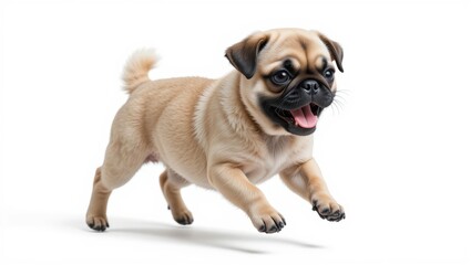 Obraz premium Playful Pug Dog Jumping Happily in a White Studio Setting with Energetic Expression