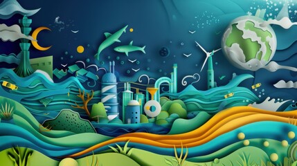 Sustainable Environment with Wind Turbines and Marine Life