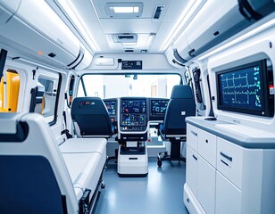 Interior view of a modern ambulance. Features advanced medical equipment, monitors, and a clean, sterile environment. The focus is on functionality and preparedness for emergency medical services.
