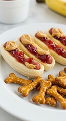 Banana 'hot dogs' with peanut butter and jam. Pretzel stick 'bones', hilarious healthy snack.
