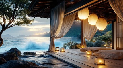 Obraz premium A beach-facing Japanese villa with open walls and linen curtains, waves crashing gently in the background, lanterns glowing inside, wide-angle seaside calm 