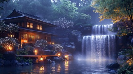 A cozy Japanese retreat built beside a waterfall, soft spray misting the air, glowing lanterns lighting the approach path, wide-angle harmonious hideaway  
