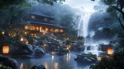 A cozy Japanese retreat built beside a waterfall, soft spray misting the air, glowing lanterns lighting the approach path, wide-angle harmonious hideaway  