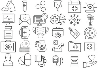 Medical and Public Health Icon Set – Editable Stroke Outline Symbols for Healthcare and Telemedicine