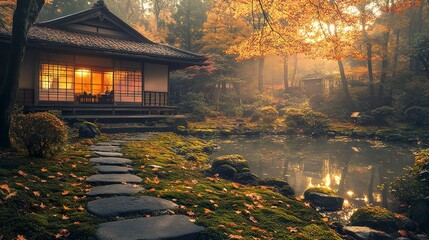 Fototapeta premium A forest-surrounded Japanese home with tea room facing moss garden, autumn leaves scattered across stone path, golden light filtering through, wide-angle peaceful reflection 