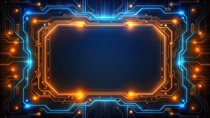 Futuristic glowing blue and orange tech frame on black background with intricate circuitry details , innovative