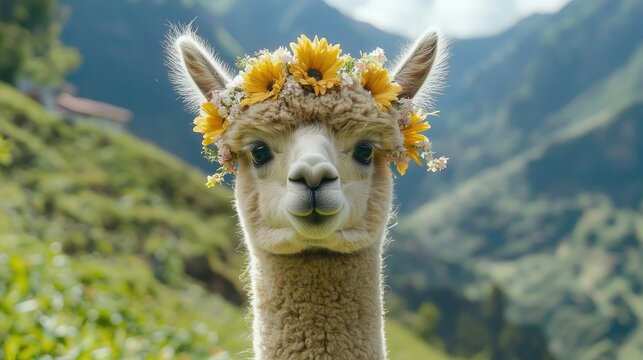 A baby alpaca with a flower crown standing in a green meadow