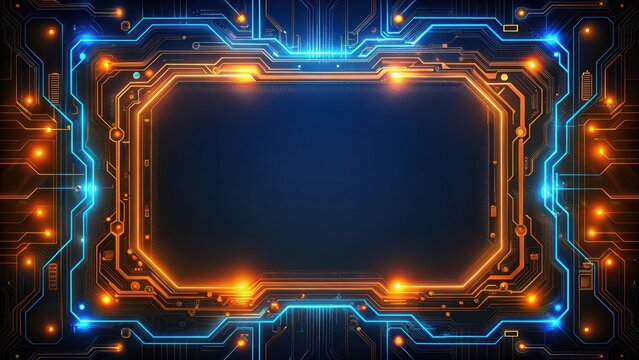 Futuristic glowing blue and orange tech frame on black background with intricate circuitry details , innovative
