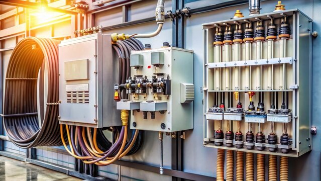 Electric switch with vacuum recloser in power distribution panel, surrounded by electrical wires and components, with a transformer in the background , switching device, transformer