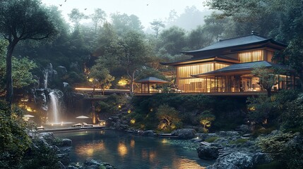 Fototapeta premium A Japanese temple-inspired home nestled into forest hillside, wood and stone blending into nature, golden hour serenity, wide-angle spiritual retreat 