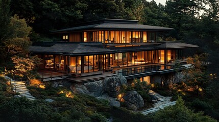 Fototapeta premium A Japanese temple-inspired home nestled into forest hillside, wood and stone blending into nature, golden hour serenity, wide-angle spiritual retreat 
