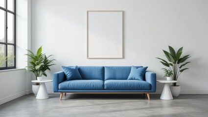 Bright And Modern Living Room Featuring A Blue Sofa With Cozy Pillows And Decorative Plants