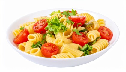 Pasta salad in bowl isolated on white background with full depth of field for cold lunch or picnic concept