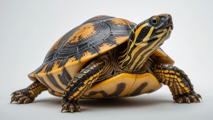 Fototapeta premium Close-Up of a Colorful Turtle Showcasing Its Distinctive Shell Patterns on a White Background