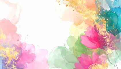 A vibrant floral watercolor background with soft colors and gold accents.