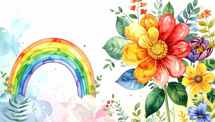 A vibrant watercolor illustration featuring a rainbow and colorful flowers.