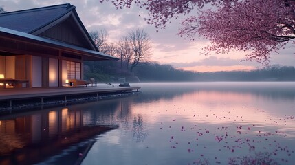 Fototapeta premium A lakeside Japanese house with wide engawa deck, petals drifting onto calm water, glowing horizon reflecting softly 