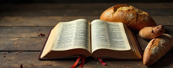 A symbolic depiction of a Christian covenant; an open Bible rests on aged wood, alongside a simple cross and a loaf of bread, representing faith, sacrifice, and communion , faith, scripture