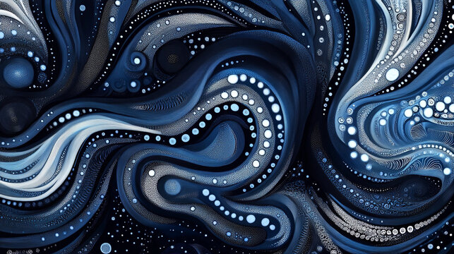 Aboriginal dotwork with swirling pattern, abstract background with blue waves