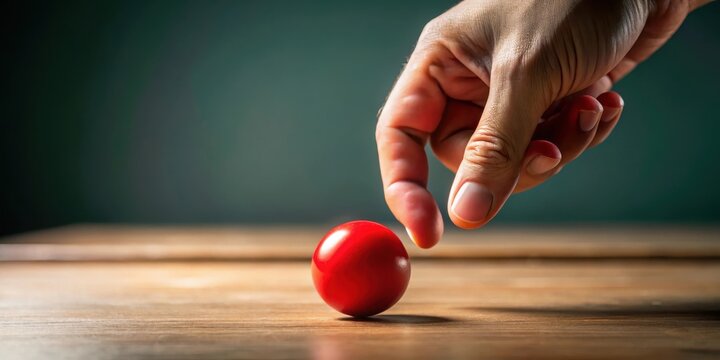 Finger nudges a bright red ball on the table into action , object, energy,  object, energy