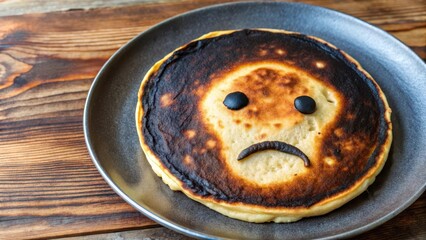A burnt pancake with a charred edge and a sad face , food fail, pancake disaster