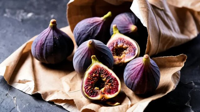 Fresh ripe figs with vibrant purple skin and juicy red flesh, organic sweet fruit displayed on rustic brown paper, healthy and appetizing scene with juicy, fresh, ripe, purple, red figs
