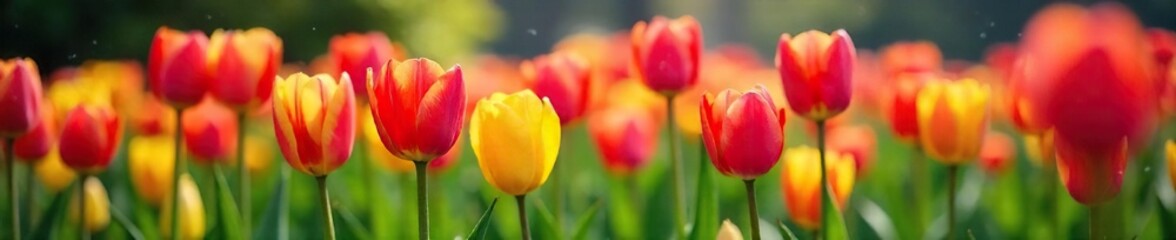 Obraz premium Vibrant tulips in a lush spring garden bursting with color; a cheerful scene of nature's awakening , yellow, springtime, background