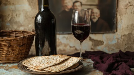 A basket of matzah beside a carafe of red wine, vintage family