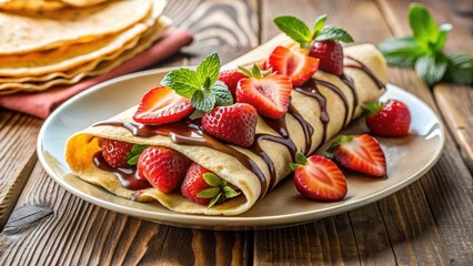 Delicious crepe filled with rich chocolate and fresh strawberries served on a elegant table setting, strawberry dessert, French patisserie