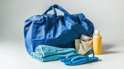 A beach bag spilling out sunscreen, towel, and flip-flops