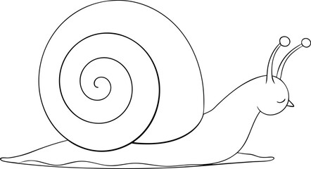 Line art snail slowly moves along its path in black and white