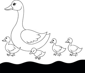 Line drawing shows a duck with her four ducklings following her closely