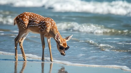 A beach-loving deer with sunglasses, calmly grazing near the shoreline.