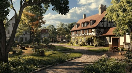 Fototapeta premium Picturesque European Village Scene: A Tranquil Summer Day