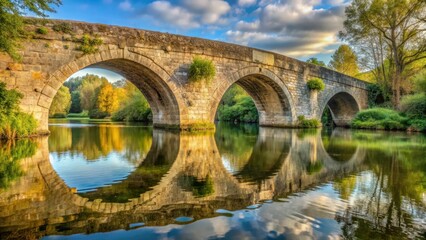 Fototapeta premium Ancient stone bridge with worn arches over a serene river, ancient, passage, ancient, passage, isolated, serenity