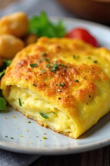 A delicious, fluffy omelet ready to eat, perfect for a quick and healthy breakfast or lunch The golden-brown crust surrounds a creamy, savory interior Ideal for on-the-go meals , portable, convenient
