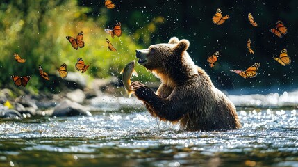 A bear catching fish in a river surrounded by butterflies