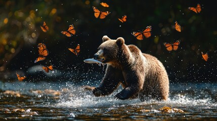 A bear catching fish in a river surrounded by butterflies