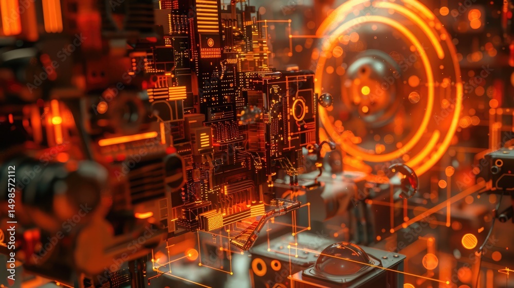 Poster this abstract background features a vibrant computer network design with intricate circuits and glow