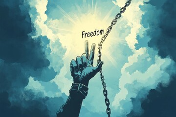 Abolition day.End slavery.Liberation day.A symbolic illustration of a chained hand reaching upward and breaking free, with the words "Freedom" shining in the sky above