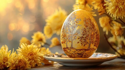 A beautiful, hand-painted golden Easter egg with autumn trees, sitting on a saucer, with a backdrop of soft yellow chrysanthemums and a hint of fall colors.