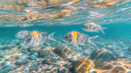 A beautiful image of marine life swimming in clear ocean water, contrasting with a background of plastic waste and pollution.