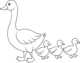 Outlined mother duck leads her three cute ducklings in a single file