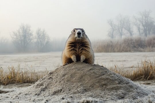 A whimsical photograph of a groundhog sitting atop a small mound of dirt, looking curiously at the camera.Punxsutawney phil.Weather prediction.Groundhog day.